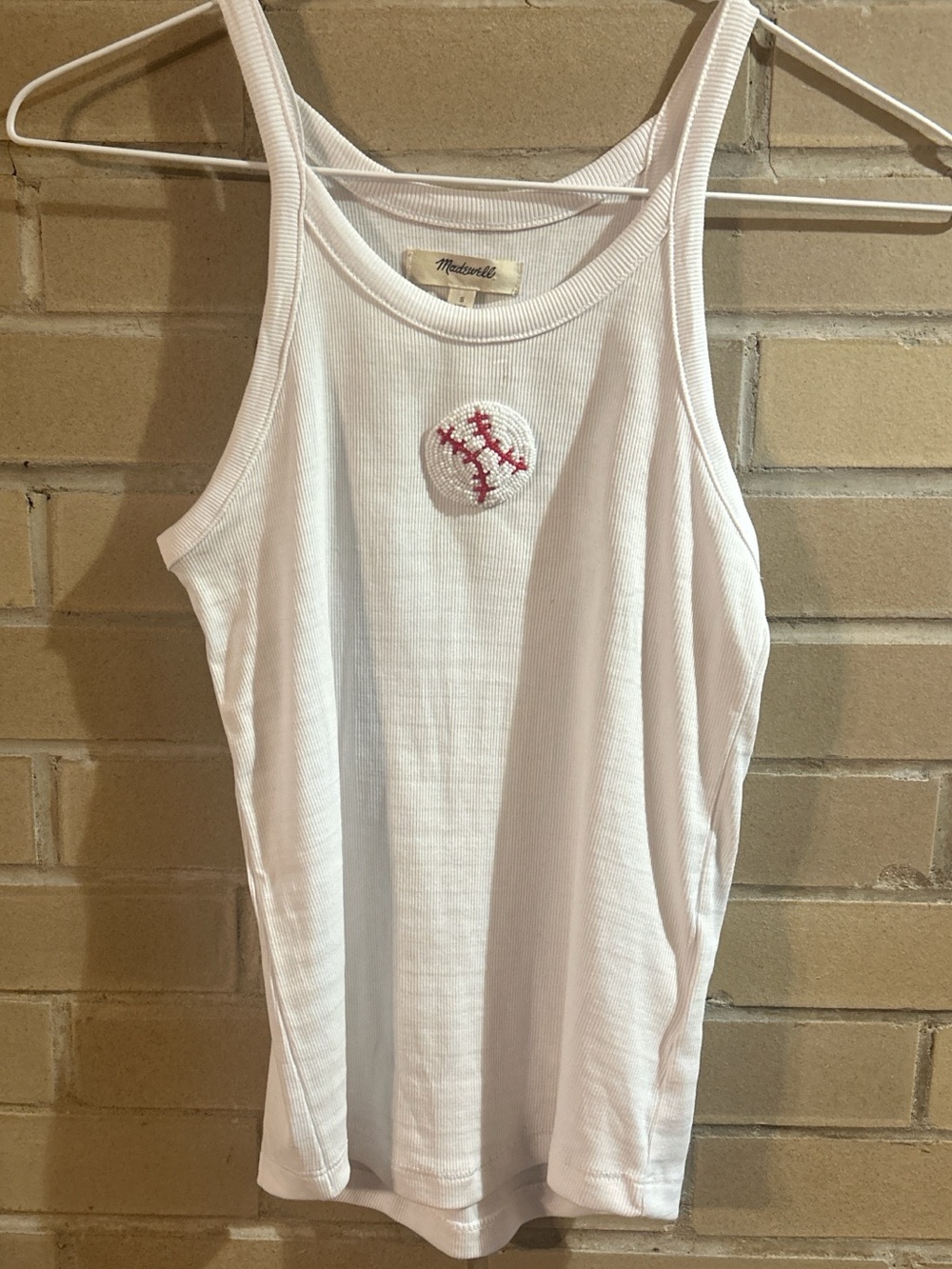 White Ribbed Madewell Tank with Baseball Embroidery - hand embroidered